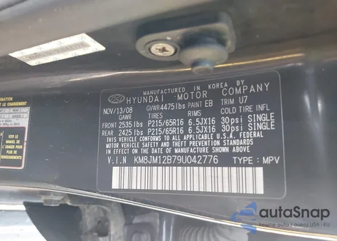 2009 Hyundai Tucson Gls z USA, uszkodzony, nr VIN KM8JM12B79U042776